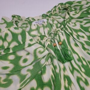 Rose + Olive Green Ikat Print Ruffle Sleeve Blouse Tassel Tie Neck Plus Size 3X